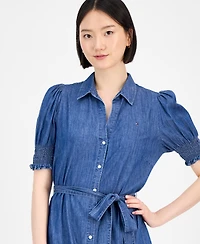 Tommy Hilfiger Women's Chambray Puff-Sleeve Midi Dress