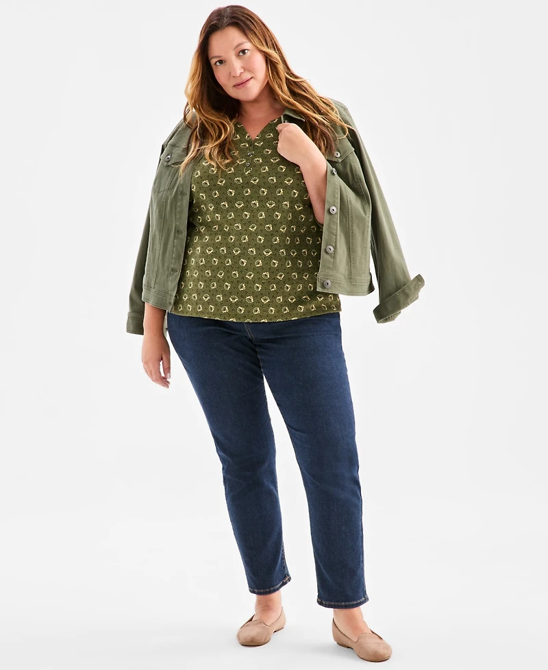 Style & Co Plus Size Printed 3/4-Sleeve Henley Top, Macy's Exclusive