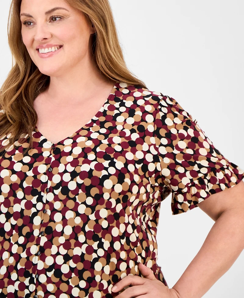Ak Anne Klein Plus Dot-Print Short-Sleeve Button-Up Top