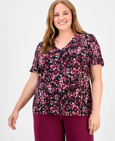 Ak Anne Klein Plus Floral-Print V-Neck Top