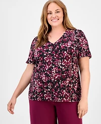Ak Anne Klein Plus Floral-Print V-Neck Top