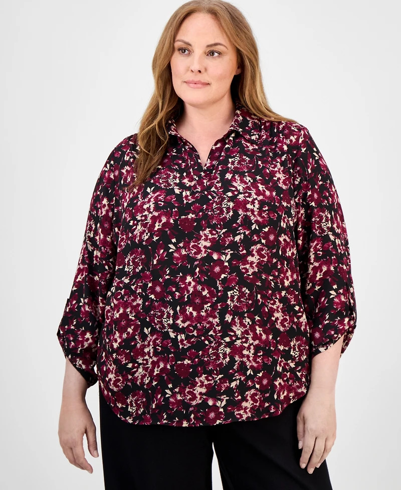Ak Anne Klein Plus Floral-Print 3/4-Sleeve Top