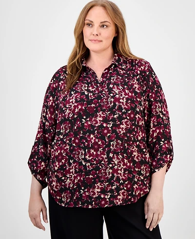 Ak Anne Klein Plus Floral-Print 3/4-Sleeve Top