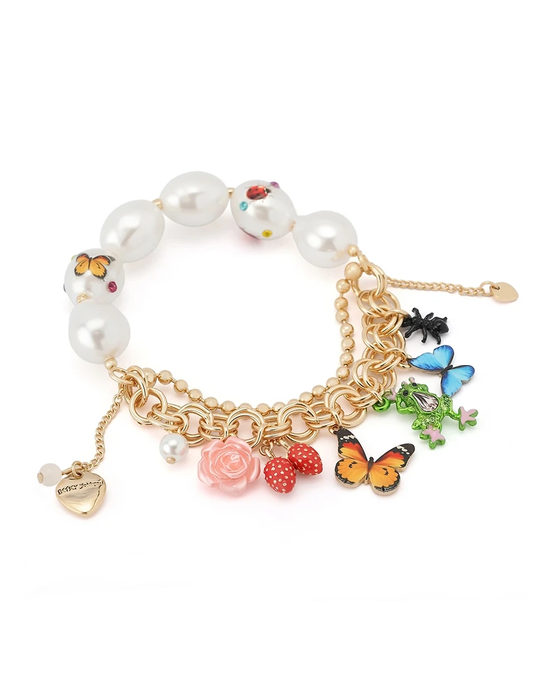 Betsey Johnson Faux Stone Backyard Butterfly Mixed Charm Pearl Stretch Bracelet