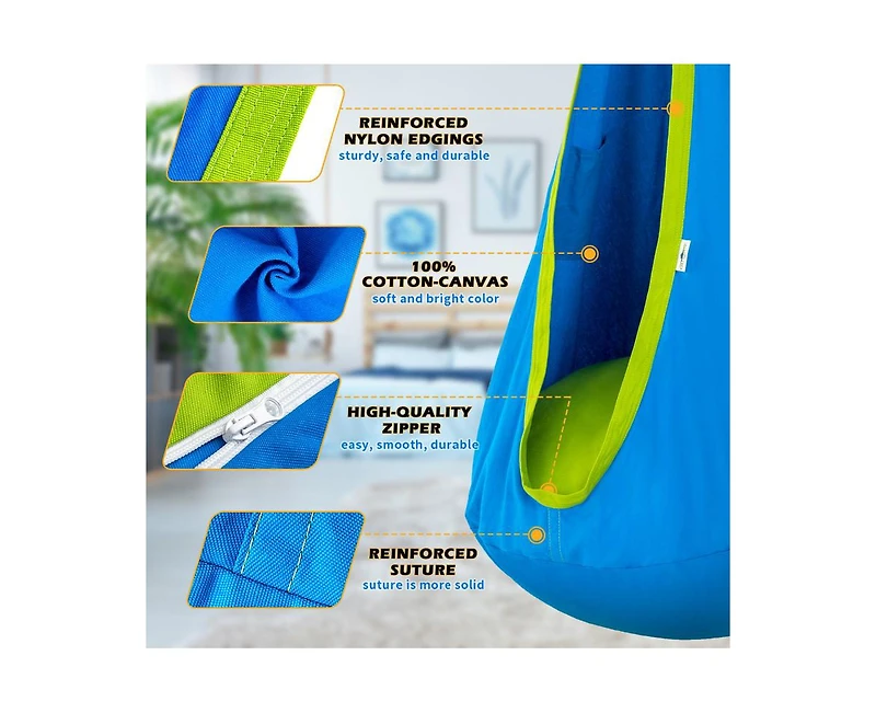 Outree Cotton Kids Pod Swing Seat Blue Pink and Blue,Sensory for Indoor Outdoor