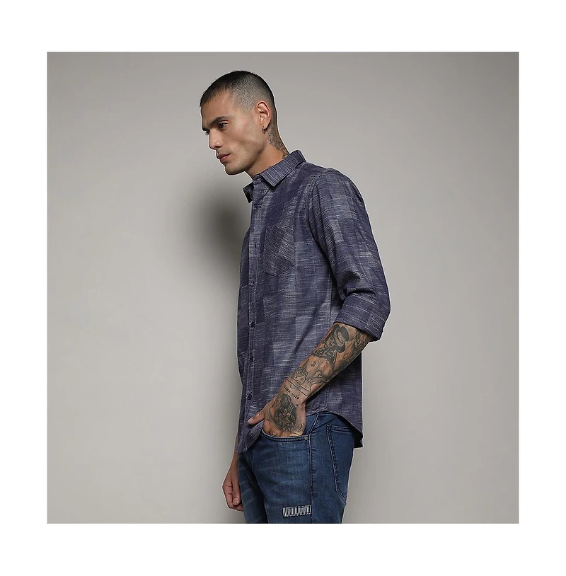 Campus Sutra Men's Steel Blue Heathered Denim Check Shirt