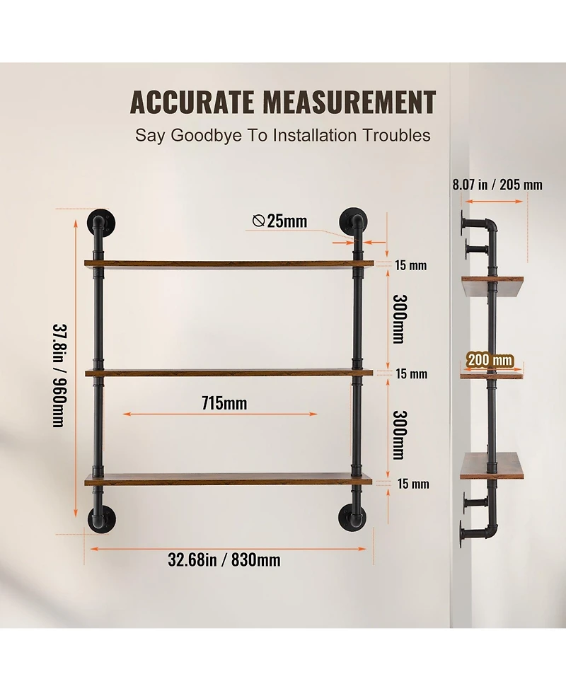 Slickblue 3 Tier Industrial Pipe Wall-Mount Shelf for Kitchen Bedroom and Living Space
