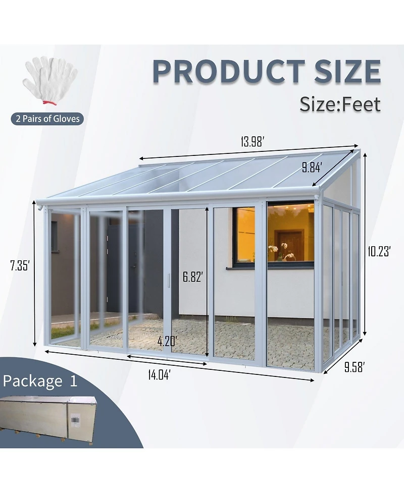 Mondawe 10x14ft Patio Cover Sunroom with Aluminum Frame, Polycarbonate Roof and Sliding Doors