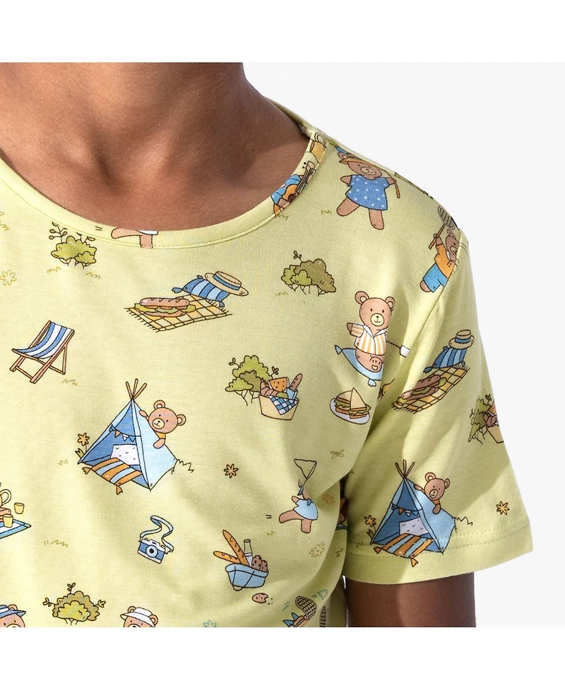Bellabu Bear Kids Unisex Teddy Picnic 2-Piece Short Sleeve & Shorts Pajama Set