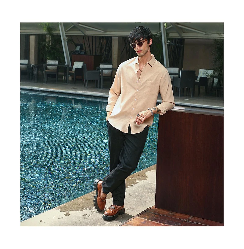 Campus Sutra Men's Ecru Beige Solid Relaxed Shirt