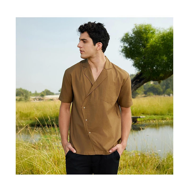 Campus Sutra Men's Camel Brown Asymmetrical Cuban Shirt