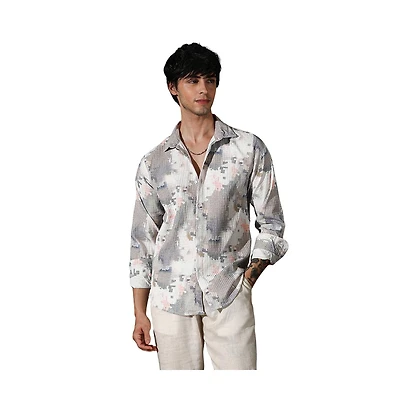 Campus Sutra Men's Moon Grey & Chalk White Artistic-Blur Shirt