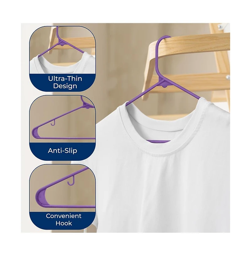 SereneLife 20 Pcs. Plastic Hangers - Non-Slip, Sturdy, and Heavy Duty Coat Set with 360° Swivel Hook for Clothes (Purple)