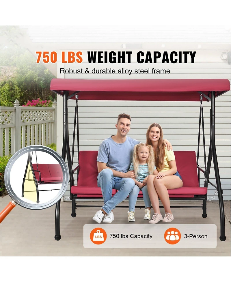 Slickblue 3-Seat Patio Swing Chair with Adjustable Canopy Removable Cushion and Steel Frame
