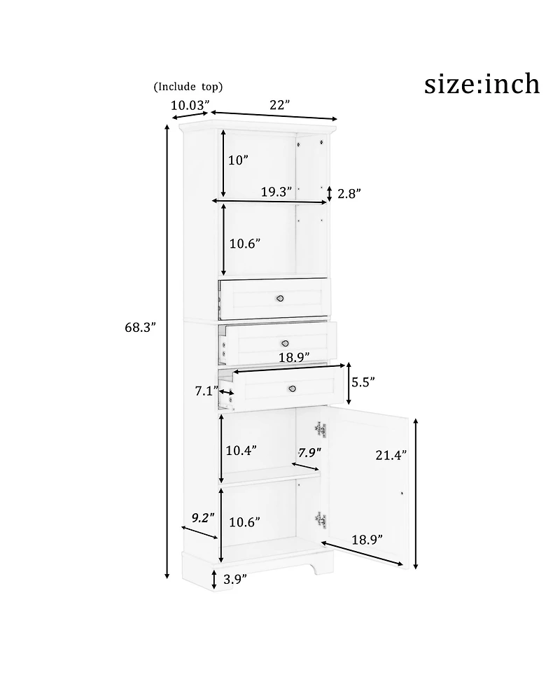 Casainc 68.3"H Tall Storage Cabinet with 3 Drawers, Adjustable Shelves, Painted Mdf