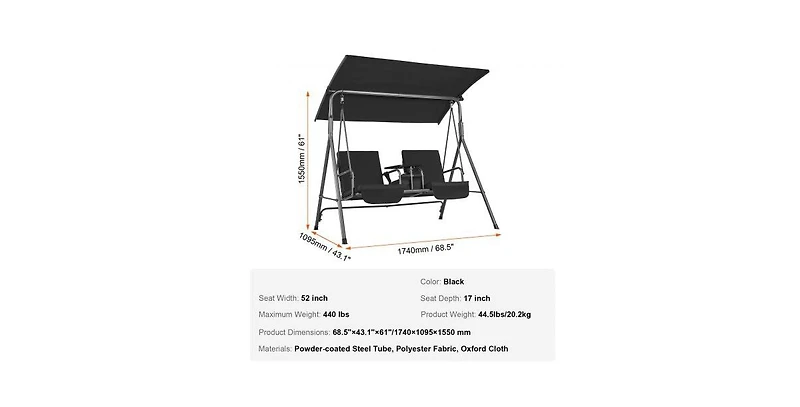 Slickblue Outdoor 2-Seat Patio Swing Chair with Adjustable Canopy Storage Bag and Tray