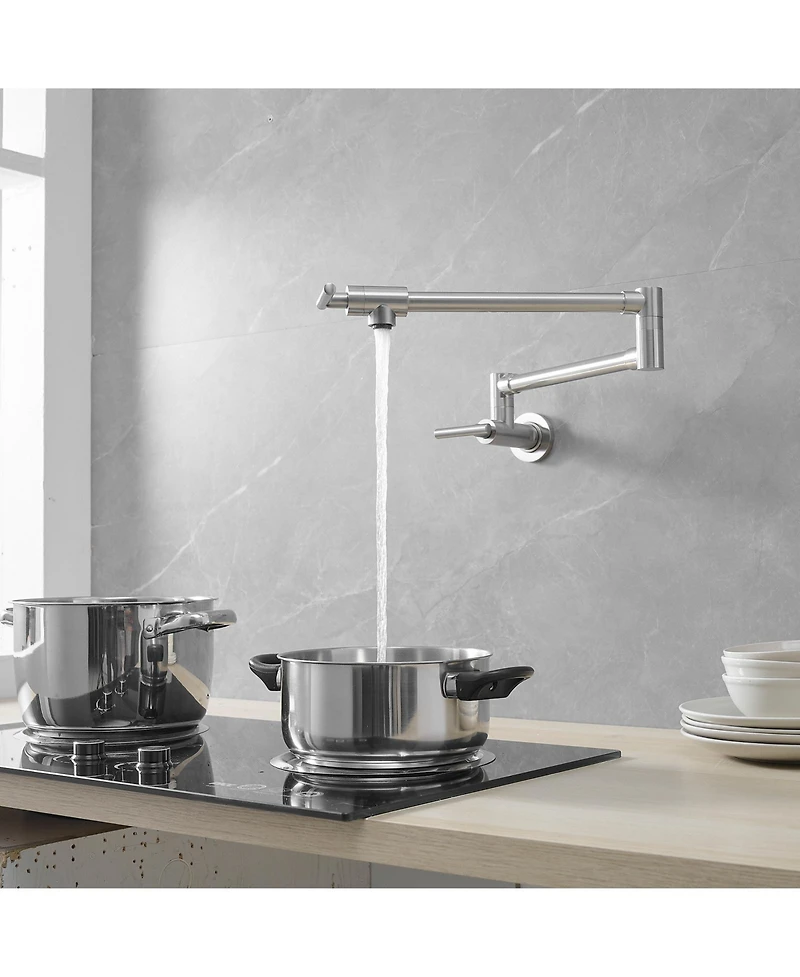 Greenspring Wall Mount Pot Filler Faucet Double-Handle Folding Kitchen Restaurant Sink with Dual Joint Swing Arm Commercial Gold