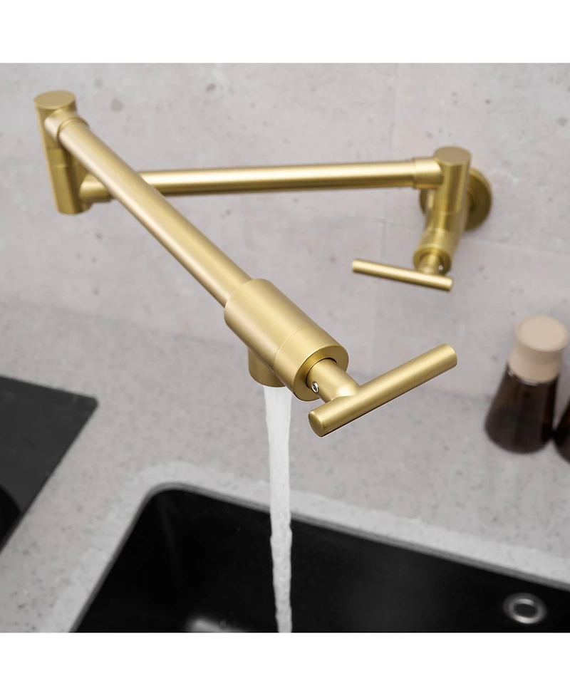 Greenspring Wall Mount Pot Filler Faucet Double-Handle Folding Kitchen Restaurant Sink with Dual Joint Swing Arm Commercial Gold