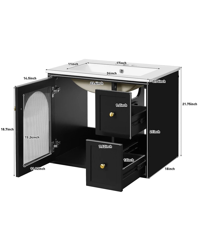 Casainc 24" Wall-Mounted Vanity with Sink, 2 Drawers and 1 Soft-Close Door