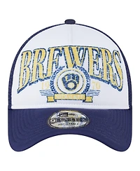 New Era Men's White Milwaukee Brewers Distressed 9FORTY A-Frame Adjustable Trucker Hat