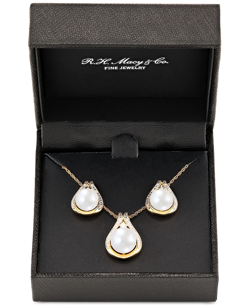 2-Pc. Set Cultured Freshwater Pearl (8 & 9mm) & Diamond Accent Halo Pendant Necklace & Matching Stud Earrings in 14k Gold-Plated Sterling Silver