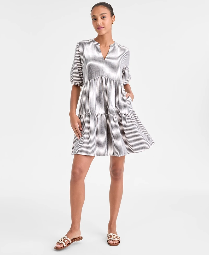 Tommy Hilfiger Women's Striped V-Neck Tiered Dress