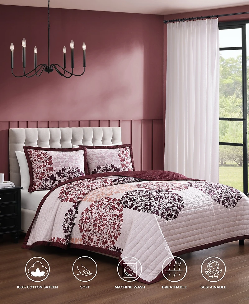 Bebejan Rosewood Harmony 100% Cotton Sateen 3 Piece Reversible King Size Quilted Coverlet Set