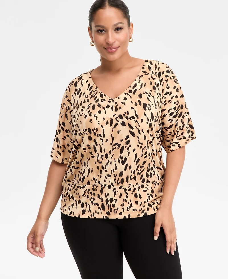 I.n.c. International Concepts Plus Printed V-Neck Short-Sleeve Top, Macy's Exclusive