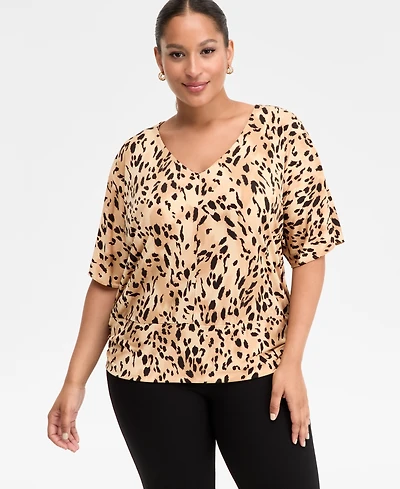 I.n.c. International Concepts Plus Printed V-Neck Short-Sleeve Top, Macy's Exclusive