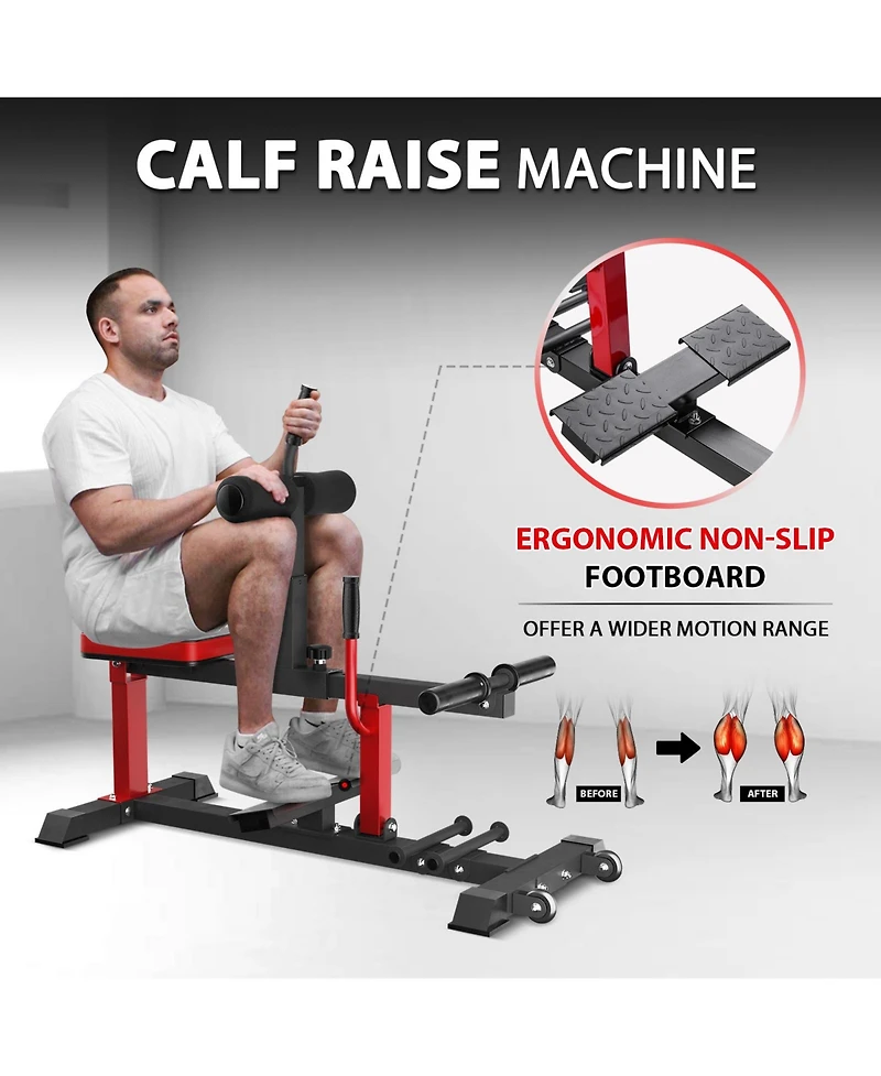 Mikolo Adjustable Seated Calf Raise Machine - Home Gym Leg Trainer with Band Pegs & Weight Plate Loading Red)