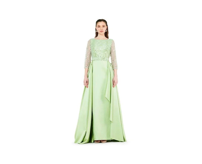 Amri Beaded Bodice Column Gown with Cascading Train