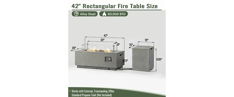 42 Inch Rectangular Propane Fire Pit Table with Glass Wind Guard and 50000 Btu Burner