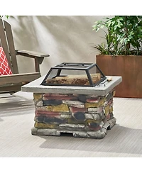 28" Concrete Wood Burning Outdoor Fire Pit Table with Lid - Stone Gray