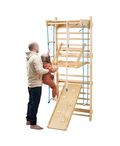 Slickblue Toddler 8 in 1 Wooden Indoor Wall Gym Swedish Ladder Set with Climbing Toys