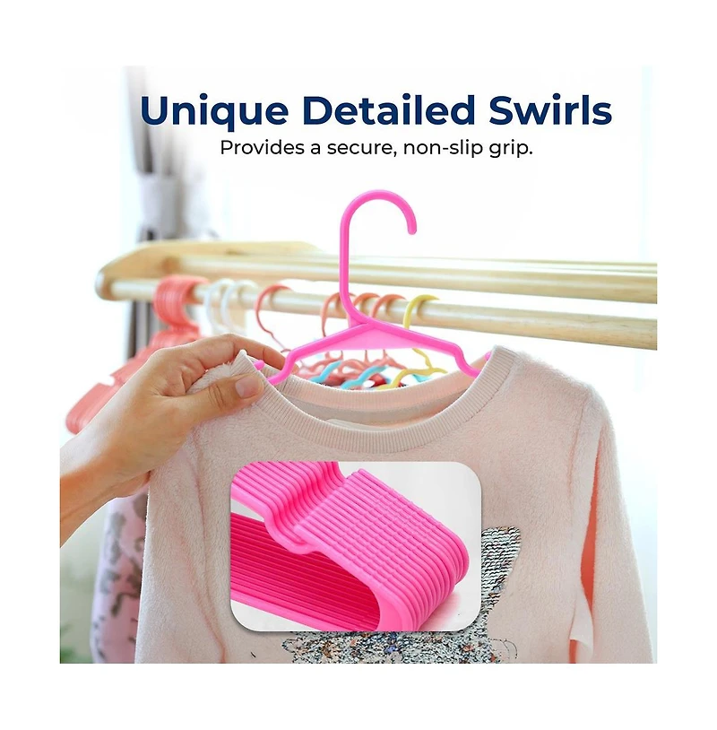 SereneLife 60 Pcs. Non-Slip Plastic Kids Hangers - Durable and Space-Saving Closet Organizers for Infants, Toddlers, and Kids' Clothing (Pink