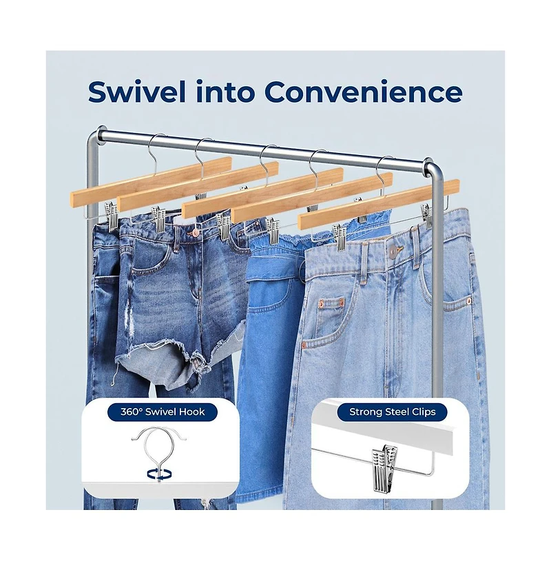 SereneLifen 10 Pcs. Premium Wooden Pants Hangers - Heavy Duty Hanger Set with Chrome 360° Swivel Hook (Natural
