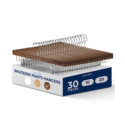 SereneLife 30 Pcs. Premium Wooden Pants Hangers - Heavy Duty Hanger Set with Chrome 360° Swivel Hook (Retro)