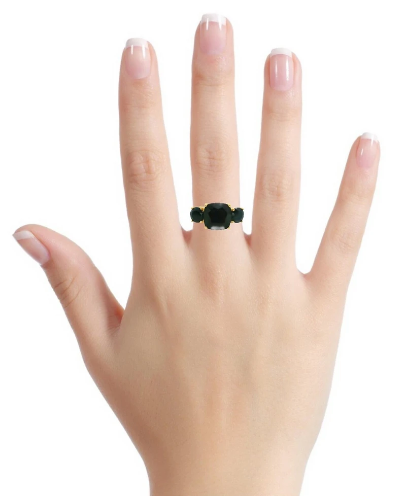 Black Onyx Cushion & Round Triple Stone Statement Ring in 14k Gold-Plated Sterling Silver