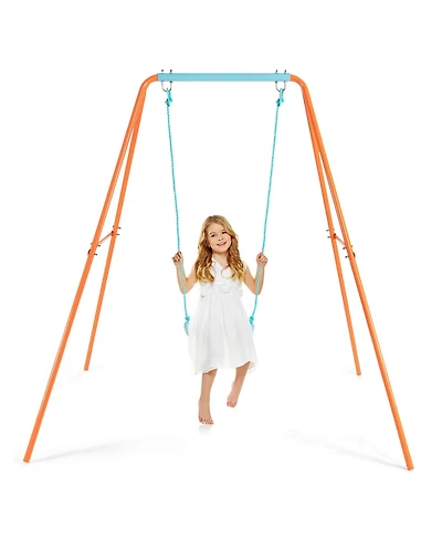 Gymax Outdoor Kids Swing Set Heavy Duty Metal A-Frame w/Ground Stakes