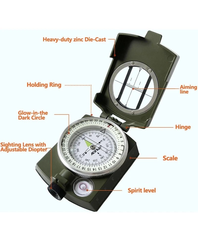 Aofar Military Compass,Af-4580 Lensatic Sighting, Waterproof and Shakeproof with Map Measurer Distance Calculator, Pouch for Camping, Hiking