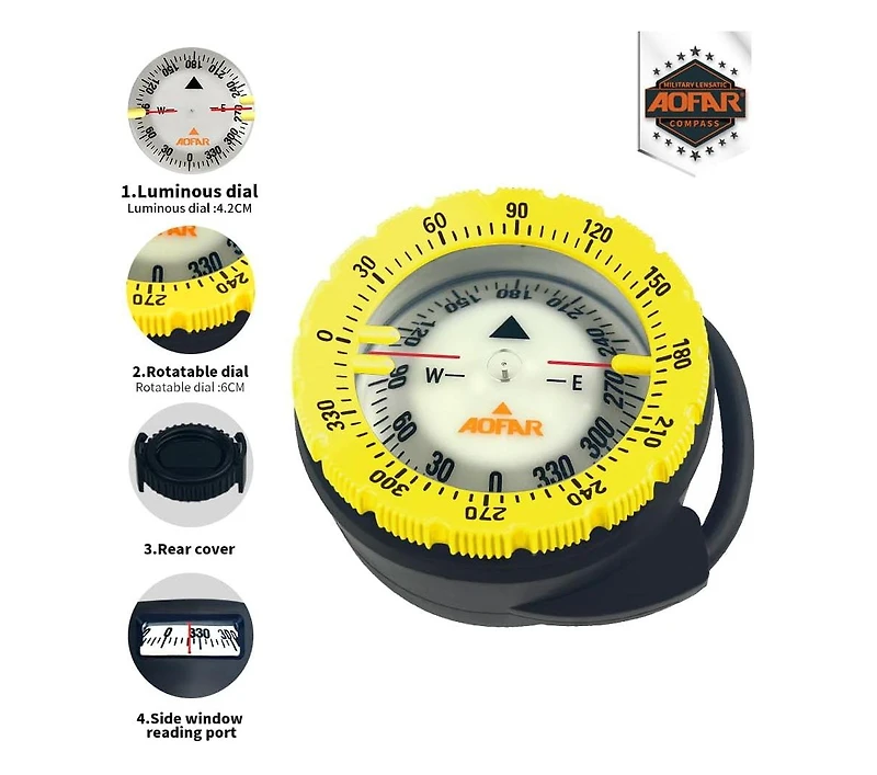 Aofar Dive Compass Af-Q60C Waterproof, Durable, Compact. Compass with Hose clamp Design for Sailing, Diving