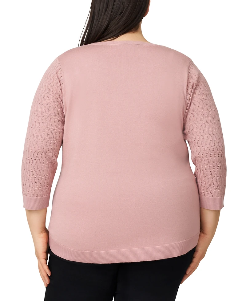 Melissa Paige Plus Pointelle-Yoke 3/4-Sleeve Sweater