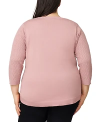 Melissa Paige Plus Pointelle-Yoke 3/4-Sleeve Sweater