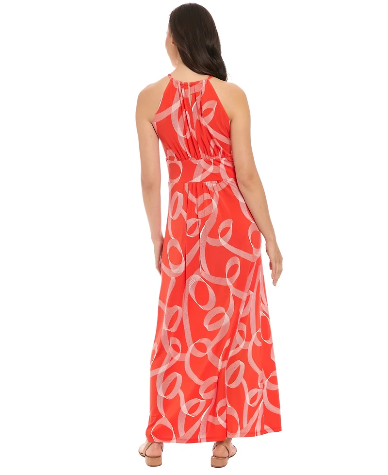London Times Women's Printed Jersey Halter-Neck Maxi Dress