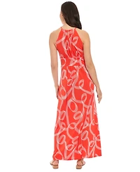 London Times Women's Printed Jersey Halter-Neck Maxi Dress