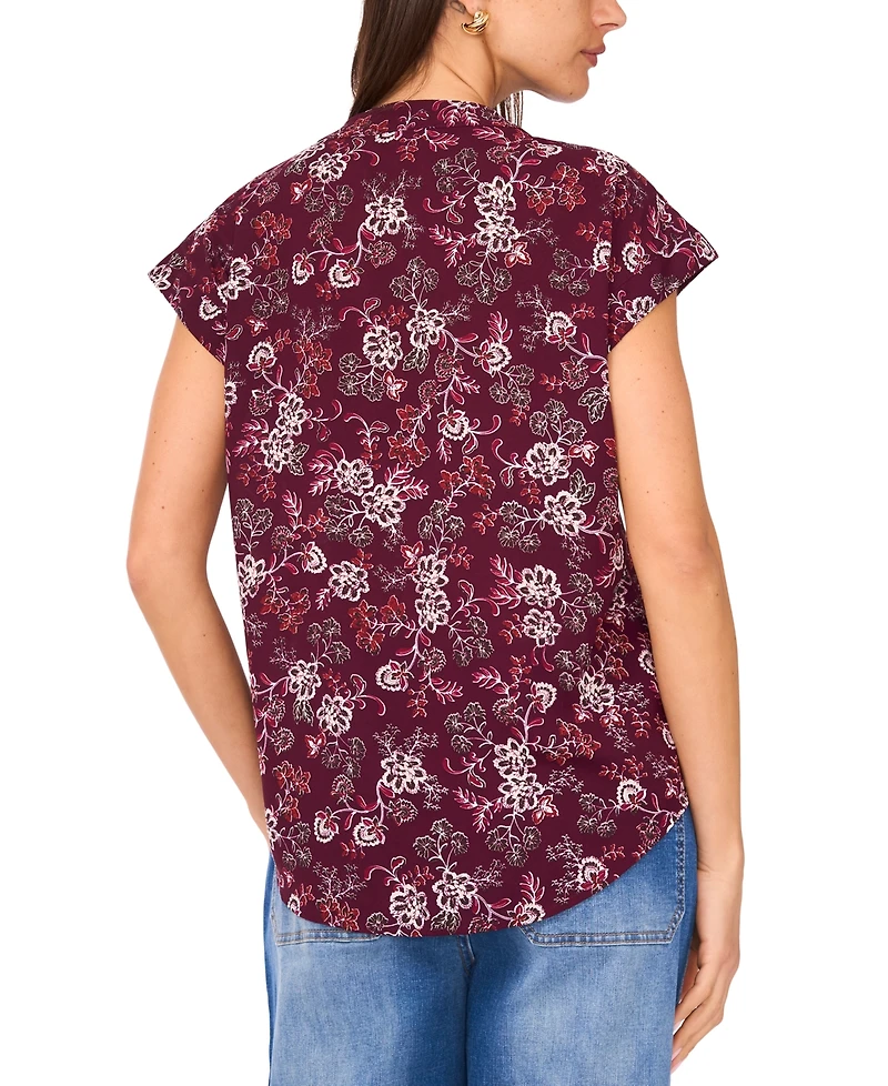 Vince Camuto Women's Floral-Print Split-Neck Short-Sleeve Blouse