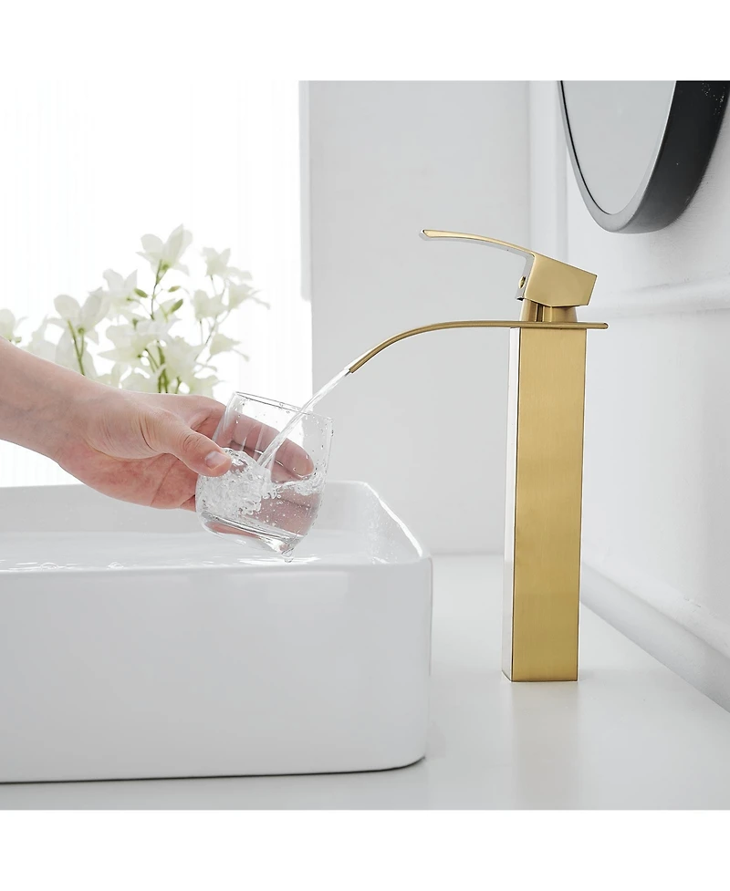 Greenspring Waterfall Single Hole Single Handle Modern Bathroom Vessel Sink Faucet With Metal Drain in Brushed Gold
