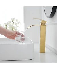 Greenspring Waterfall Single Hole Single Handle Modern Bathroom Vessel Sink Faucet With Metal Drain in Brushed Gold