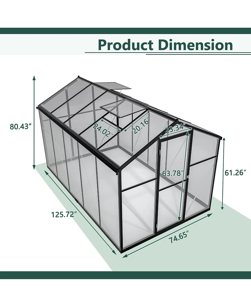 Mondawe 6'x12' Thick Polycarbonate Greenhouse with Double Flush Door