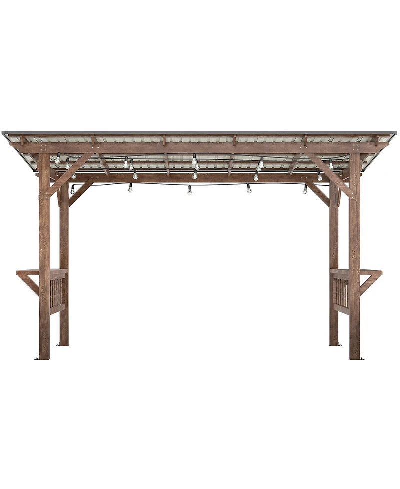 Mondawe 13x6.5FT Wooden Bbq Pergola – Metal Roof Grill Gazebo with Bar Counters & Lights